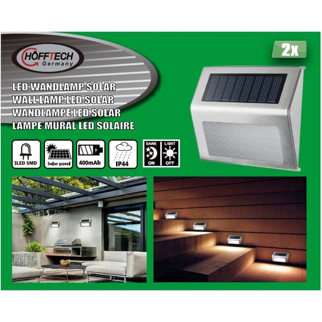 Hofftech Solar LED wandlamp - roestvrij staal - lichtsensor - set van 2