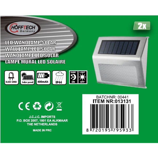 Hofftech Solar LED wandlamp - roestvrij staal - lichtsensor - set van 2