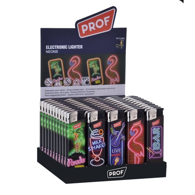 Prof Neon club aanstekers - regelbare vlam - 50 stuks - 8 x 2.4 x 1.2 cm