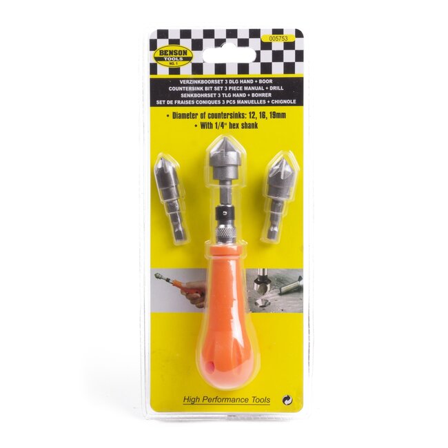 Benson 4-delige verzinkboor set - ergonomisch handvat - maten 12 mm, 16 mm, 19 mm