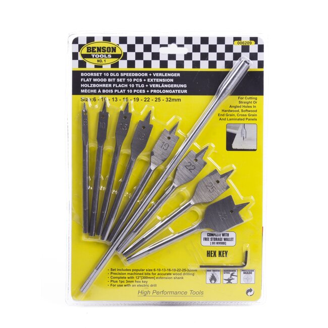Benson Speedboor Set - 10-delig - Inclusief Verlengstuk - Voor Zachthout - 6-kant