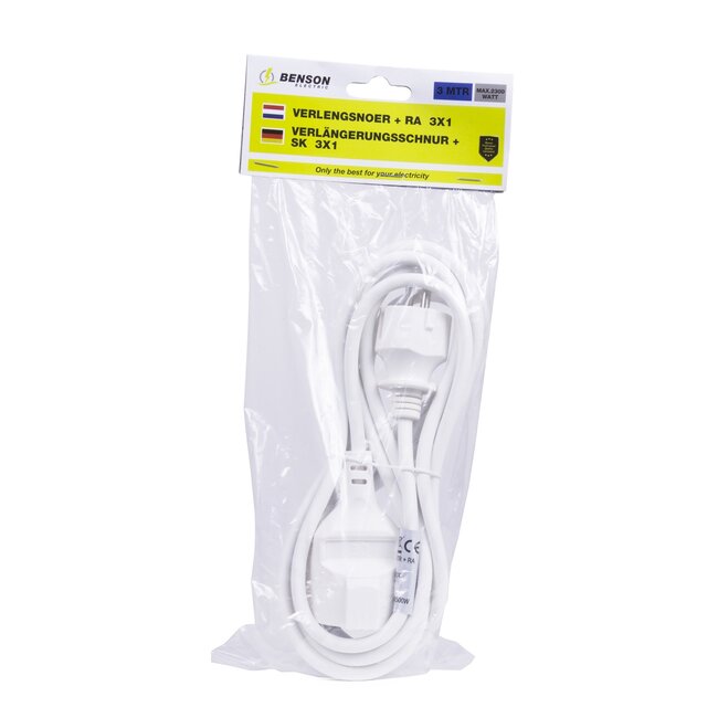Benson Verlengsnoer - 3 meter - met randaarde stekker - wit