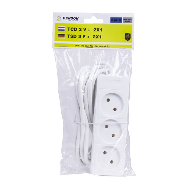 Benson Stekkerdoos - 3-voudig - 3 meter snoer - wit - 2x1 mm kabel