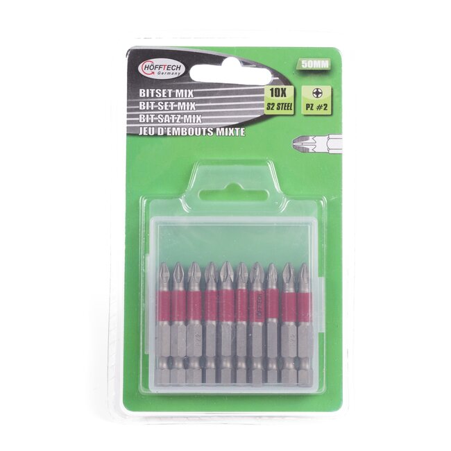 Hofftech Bitset - S2 Staal - PZ2 - 50 mm - 10 stuks - Anti-slip