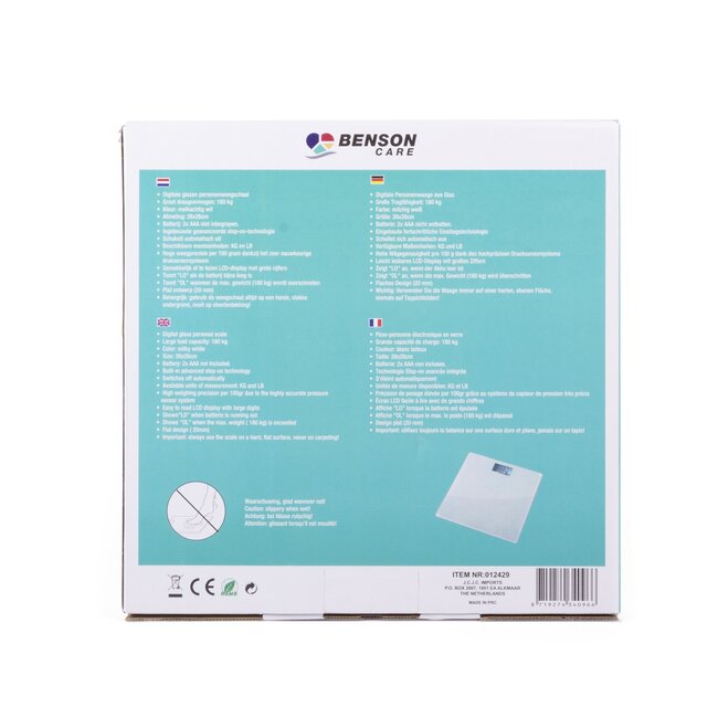 Benson Digitale personenweegschaal - wit - max 180 kg - antislip - automatische uitschakeling