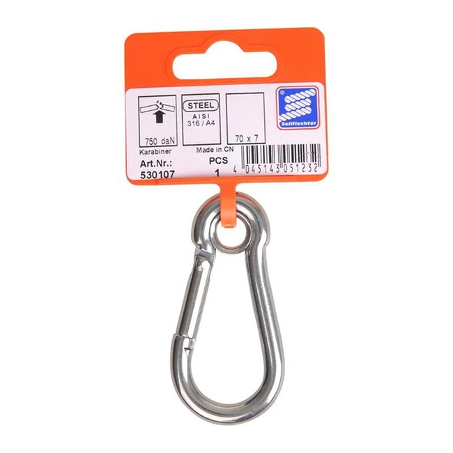 Seilflechter Karabijnhaak - 70 x 7 mm - gesloten oog - RVS 316 - 750 daN