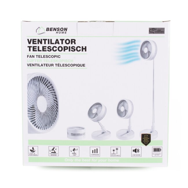 Benson Staande ventilator - telescopisch - opvouwbaar - oplaadbaar - wit