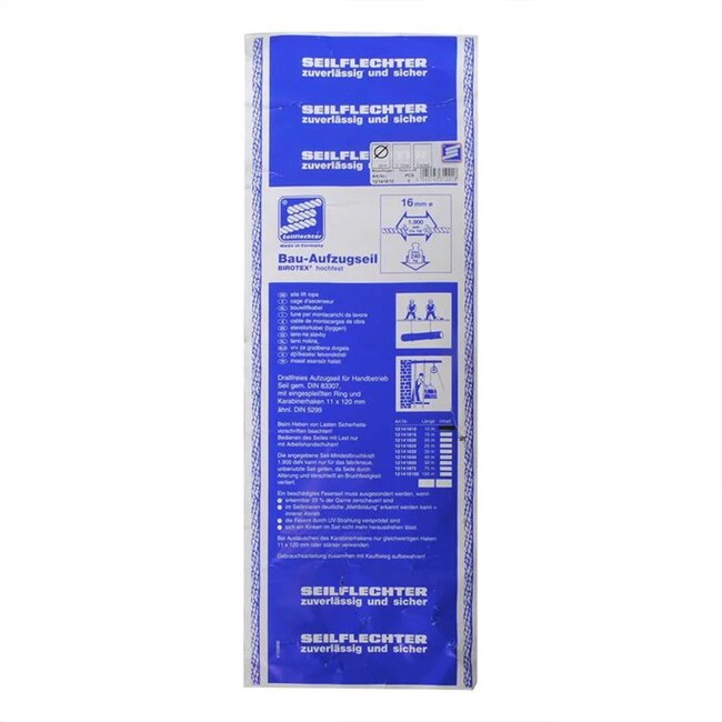 Seilflechter Bouwliftkabel - 16 mm - 15 meter - Ring en karabijnhaak - 240 kg draagvermogen