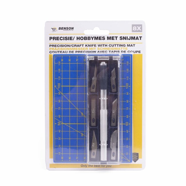 Benson Precisie hobbymes set - Inclusief snijmat en 6 opzetmesjes - 13 cm - Blauw