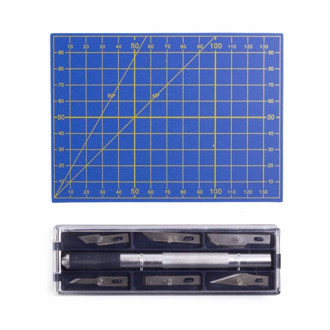 Benson Precisie hobbymes set - Inclusief snijmat en 6 opzetmesjes - 13 cm - Blauw