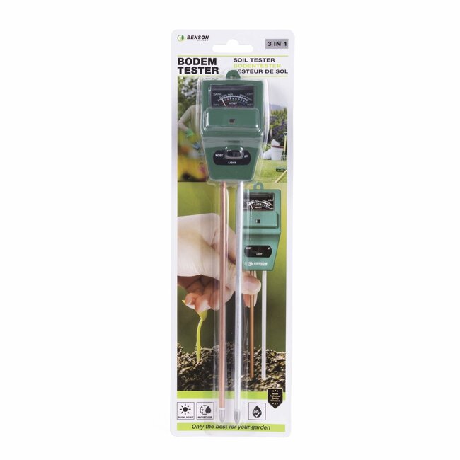 Benson Bodemtester - 3 in 1 Functionaliteit - Meet vocht, licht en pH - Groen - 28 cm