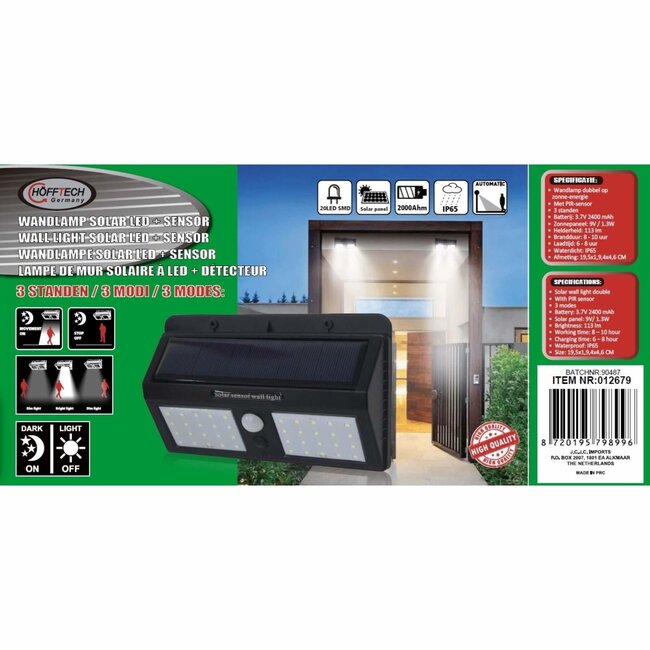 Hofftech Dubbele LED wandlamp solar - PIR sensor - IP65 - 2400 mAh - 3.7V
