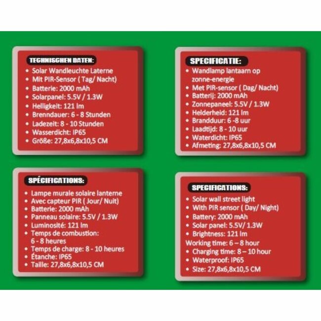 Hofftech Solar LED wandlamp - PIR sensor - IP65 - 20 LEDs - 2000 mAh - 27.8 x 6.8 x 10.5 cm