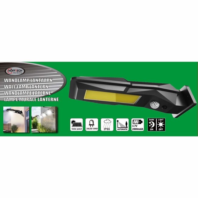 Hofftech Solar LED wandlamp - PIR sensor - IP65 - 20 LEDs - 2000 mAh - 27.8 x 6.8 x 10.5 cm