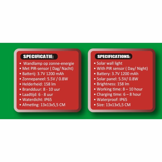 Hofftech Solar LED wandlamp - PIR sensor - IP65 - 20 LED's - 158 lm - 13x13x5.5 cm