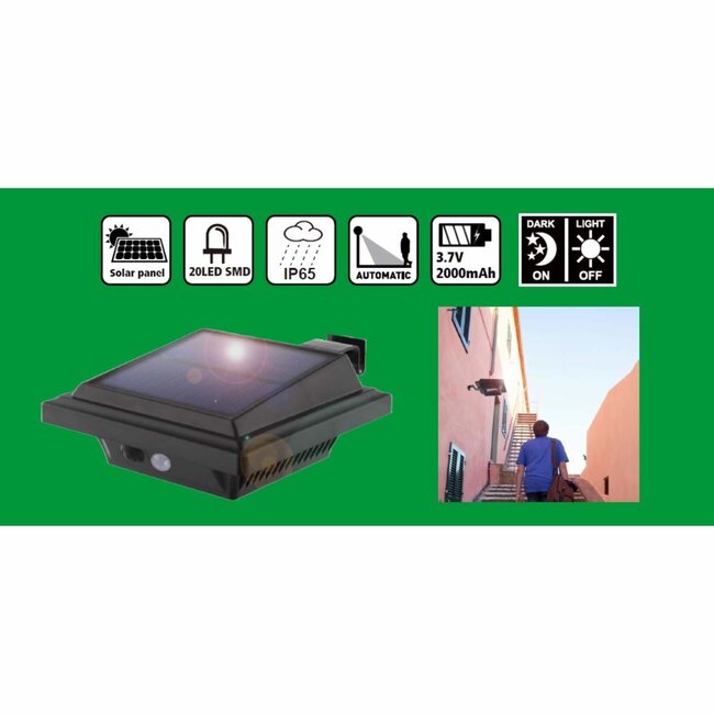 Hofftech Solar LED wandlamp - PIR sensor - IP65 - 20 LED's - 158 lm - 13x13x5.5 cm