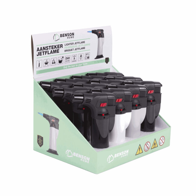 Benson Stormaansteker - Regelbare Vlam - Kinderbeveiliging - 12 stuks - Zwart/Wit/Grijs