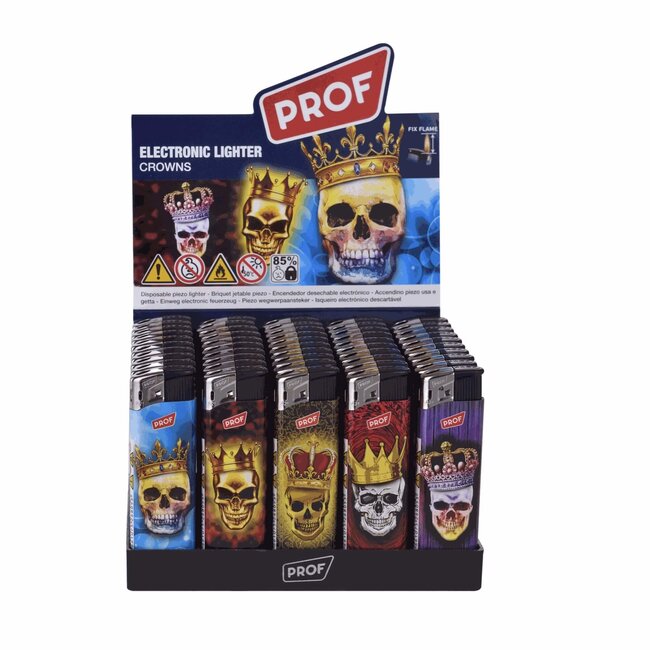 Prof Wegwerpaanstekers - Doodshoofden met kronen - Regelbare vlam - 50 stuks