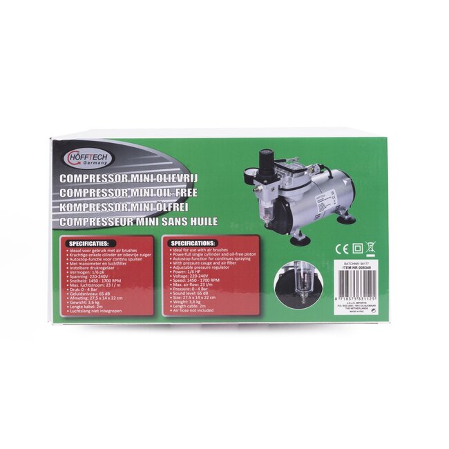 Hofftech Mini airbrush compressor - olievrij - geluidsarm - compact - met drukregelaar en luchtfilter