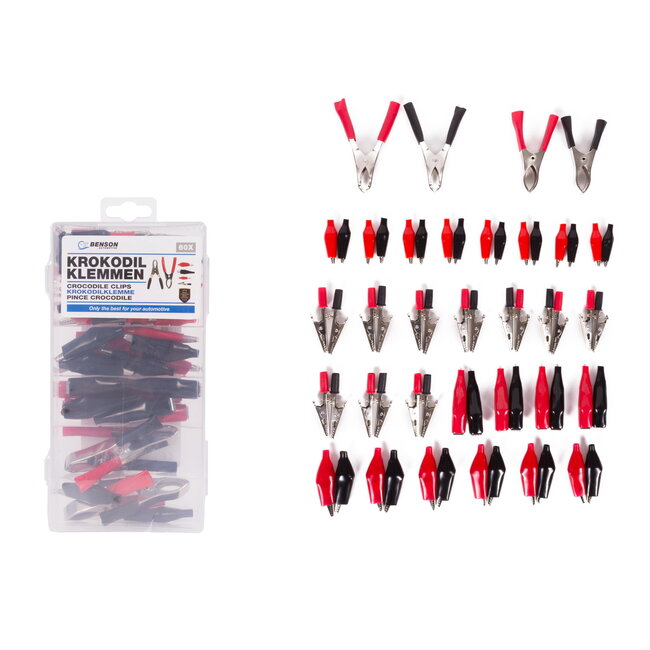 Benson Krokodillenklemmen assortiment - 60-delig - diverse maten en types - met assortimentsbox