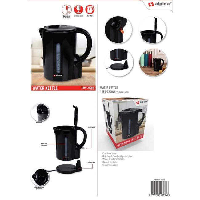 Alpina Zwarte waterkoker - 1,7 liter - Snoerloos - Droogkookbeveiliging - 2200 watt