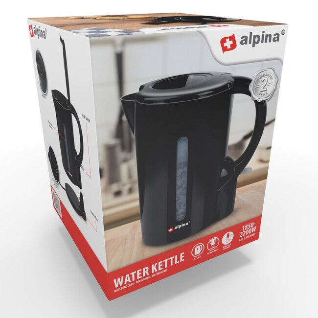 Alpina Zwarte waterkoker - 1,7 liter - Snoerloos - Droogkookbeveiliging - 2200 watt