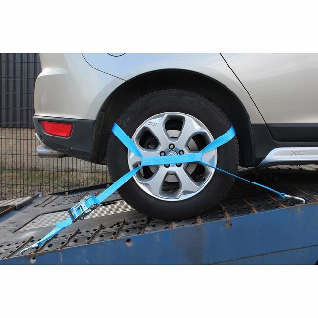 Silverline Sjorband met ratel - polyester - rubberen handvat en J-haken - 450 cm - geel gepassiveerd - 1200 kg - aanhanger/auto