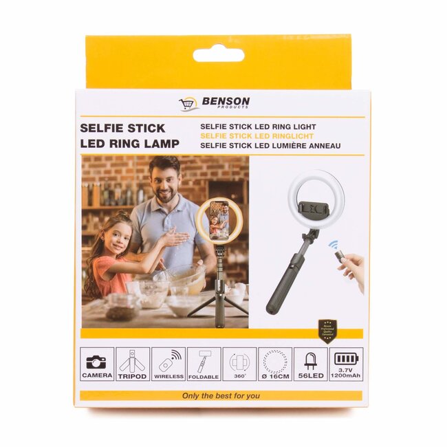 Benson Selfie stick met statief - LED ringlamp - driepoot - zwart - 90 cm
