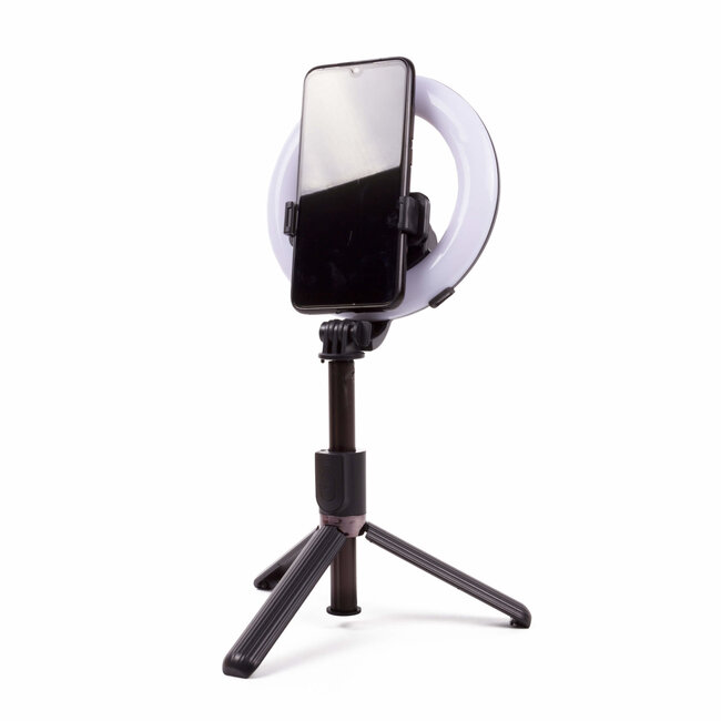 Benson Selfie stick met statief - LED ringlamp - driepoot - zwart - 90 cm