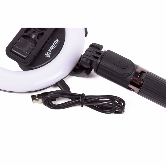 Benson Selfie stick met statief - LED ringlamp - driepoot - zwart - 90 cm