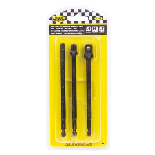Benson Boormachine verloopset - 3 adapters - 1/4", 3/8", 1/2" - 150 mm - met kogelvergrendeling