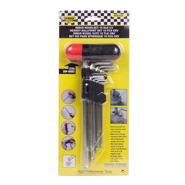 Benson 10-delige inbussleutelset - bolkop - chroom vanadiumstaal - uitvouwbare houder - grote greep