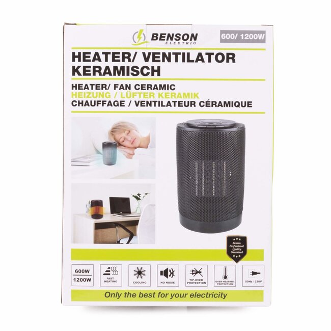 Benson Compacte keramische ventilator heater - 600/1200 watt - zwart - Ø 14 cm