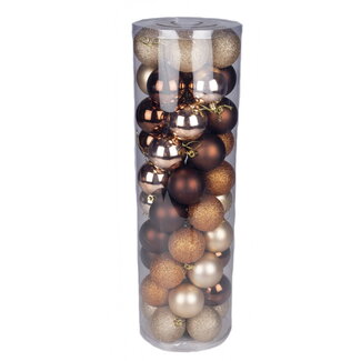 Christmas Gifts Kerstballen Set - Kunststof - Ø6 cm. - Bruin/Goud - 50 Stuks