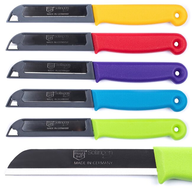 Solingen Schilmesjes - rvs - glad lemmet - 18,5 cm - diverse kleuren - 10 stuks - voor fruit en groente schillen