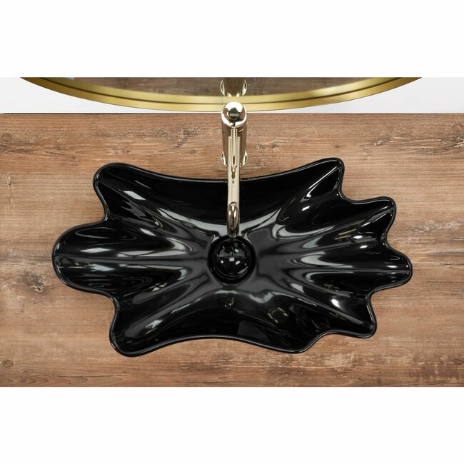 REA Oestervormige opzetwastafel - Keramiek - Zwart - 63x33x12 cm - Unieke parelplug