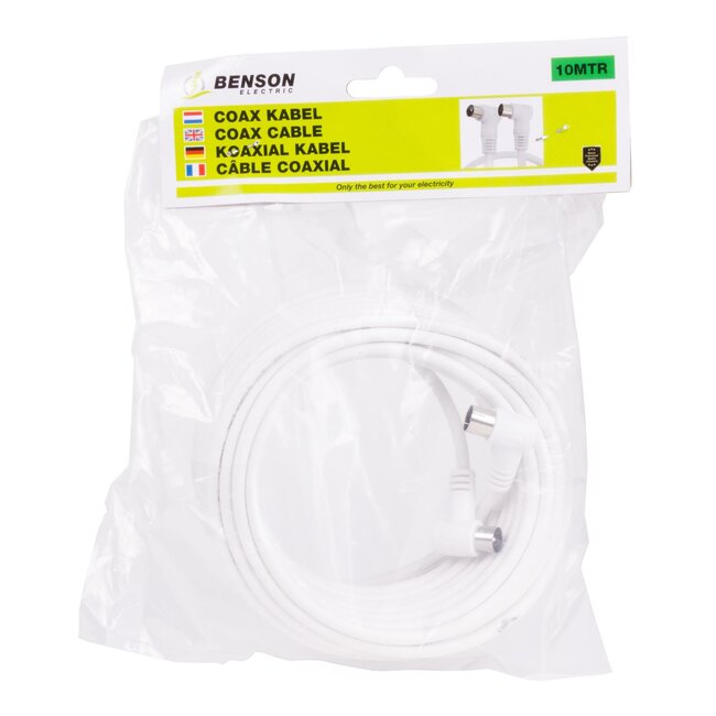 Benson Coax kabel - Haakse stekkers - 10 meter - Wit - Flexibel en duurzaam