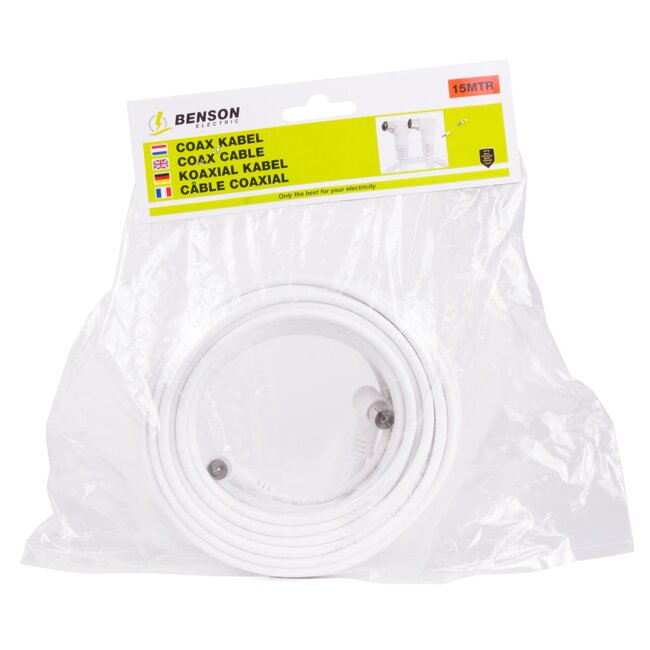 Benson Coax kabel - Haakse stekkers - 15 meter - Wit - Flexibel en duurzaam