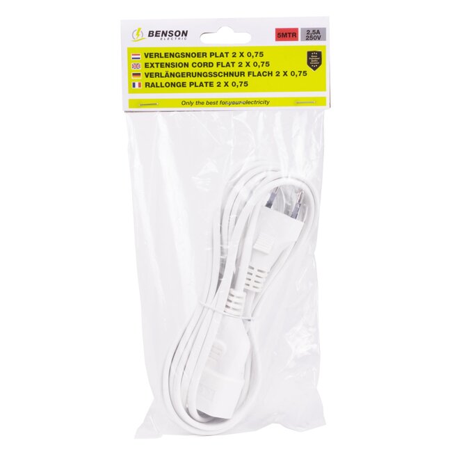 Benson Verlengsnoer - plat - 5 meter - wit - CE-keurmerk