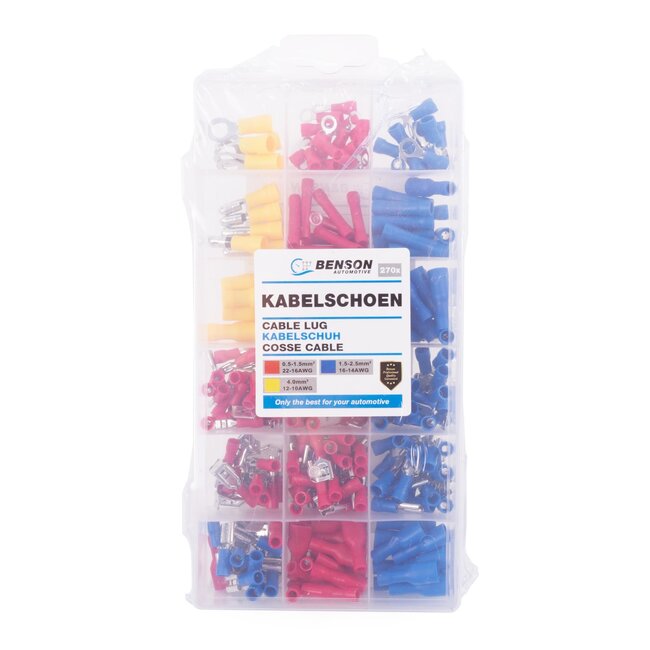 Benson Complete set kabelschoenen - geïsoleerd - hoge geleiding - 270 stuks - Ø 1.5 mm, Ø 2.5 mm, Ø 3.5 mm