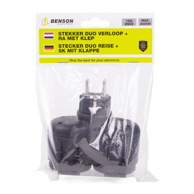 Benson Stekker Duo Verloop - Buitenstopcontact - Spatwaterdicht - Zwart - 3500W