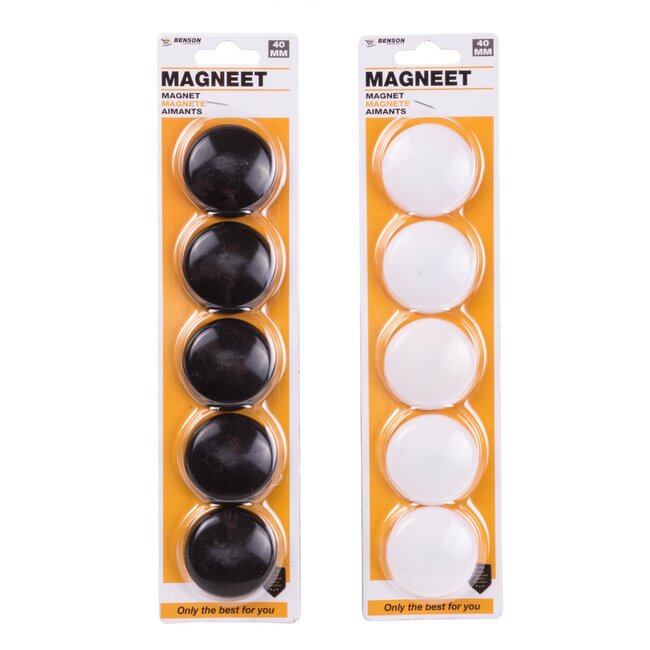 Benson Magneetset - Ø 40 mm - Zwart - 5 stuks - Voor whiteboards en koelkasten