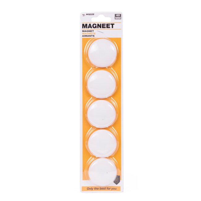 Benson Witte magneten - Ø 40 mm - set van 5 stuks - ideaal voor whiteboards en koelkasten