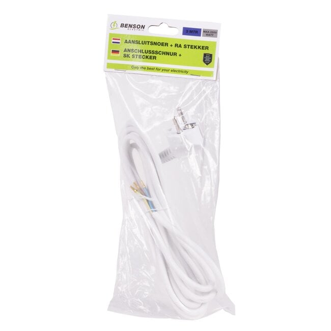 Benson Aansluitsnoer - Haakse Schuko Stekker - 3 meter - Wit - 1.0 mm²