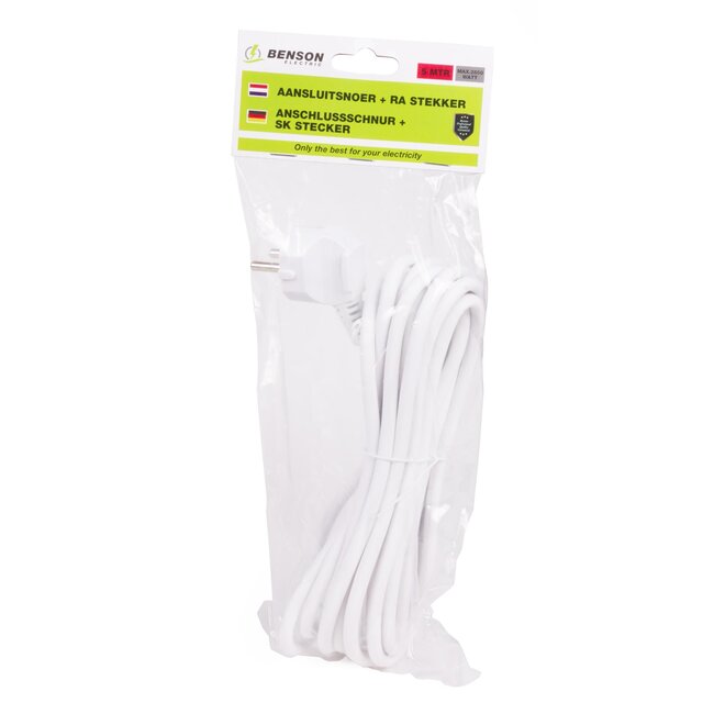 Benson Aansluitsnoer - haakse Schuko stekker - 5 meter - wit - 1.0 mm²