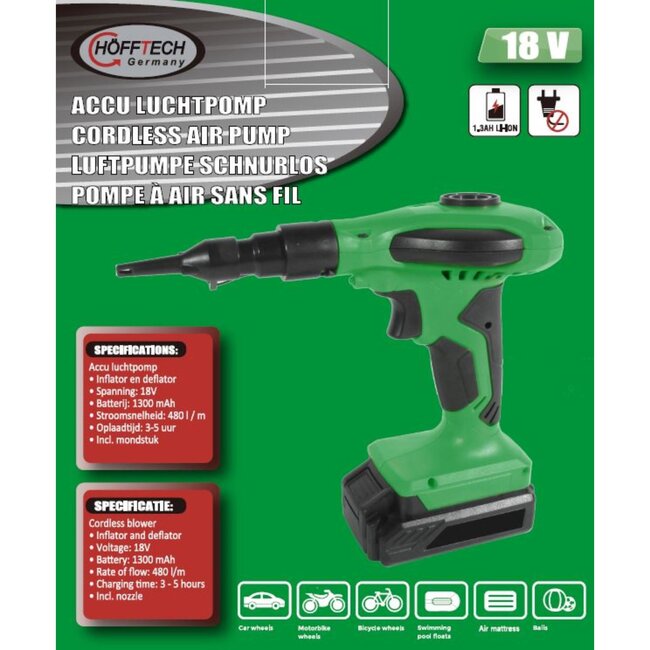 Hofftech Accu luchtpomp - 18V - 2-in-1 functie - Diverse opzetstukken - 45 m³/h