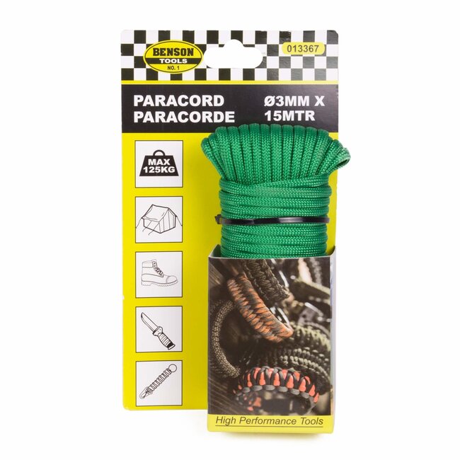 Benson Tactisch paracord touw - 15 meter - Ø 3 mm - groen - weerbestendig - max 125 kg
