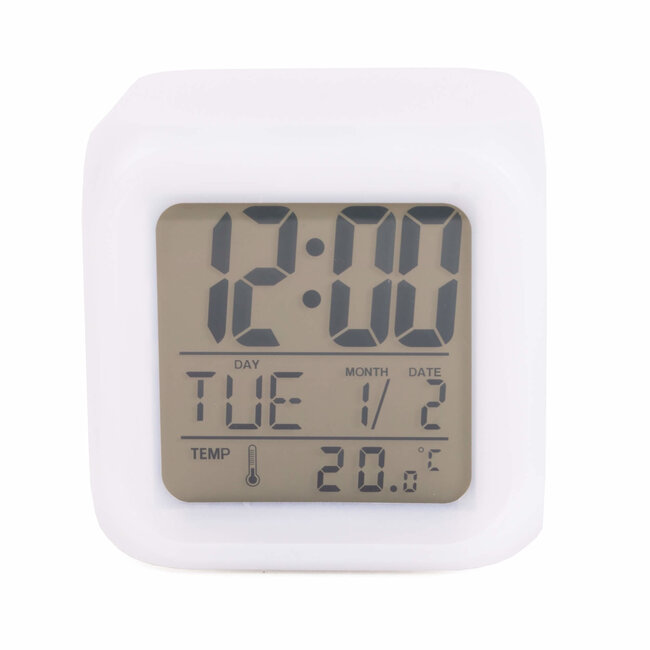 Benson Digitale wekker met LED-verlichting - 8 x 8 x 8 cm - Meerkleurig - Tijd, datum en temperatuur weergeven
