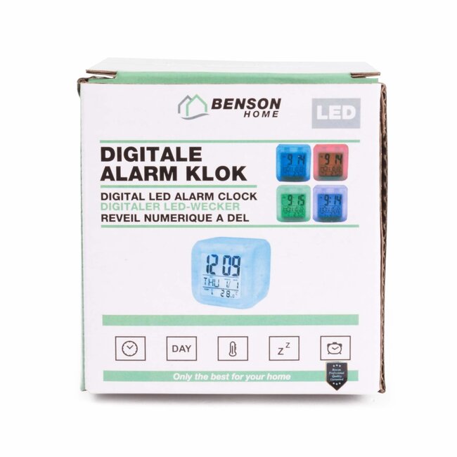 Benson Digitale wekker met LED-verlichting - 8 x 8 x 8 cm - Meerkleurig - Tijd, datum en temperatuur weergeven