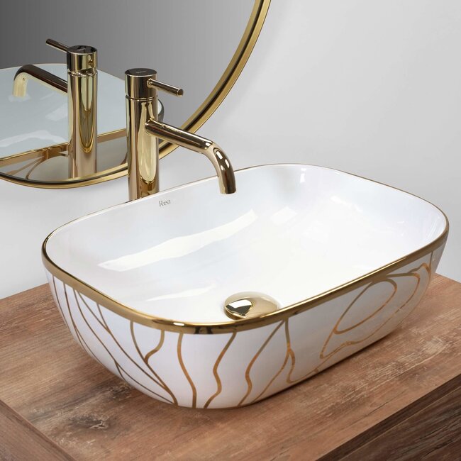 REA Rechthoekige opzetwastafel - glans wit - Wave Gold - 46.5 x 33 x 13.5 cm - keramiek
